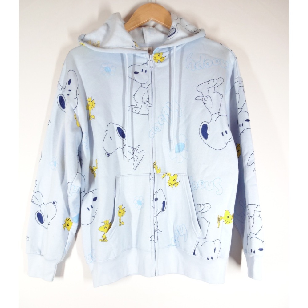 Peanuts Snoopy Zip Up Hoodie Women Medium Blue Embroidered Woodstock Kidcore